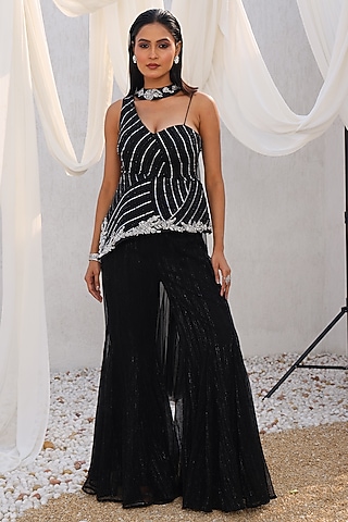 Black Lycra Chiffon Sharara Set by MeenaGurnam