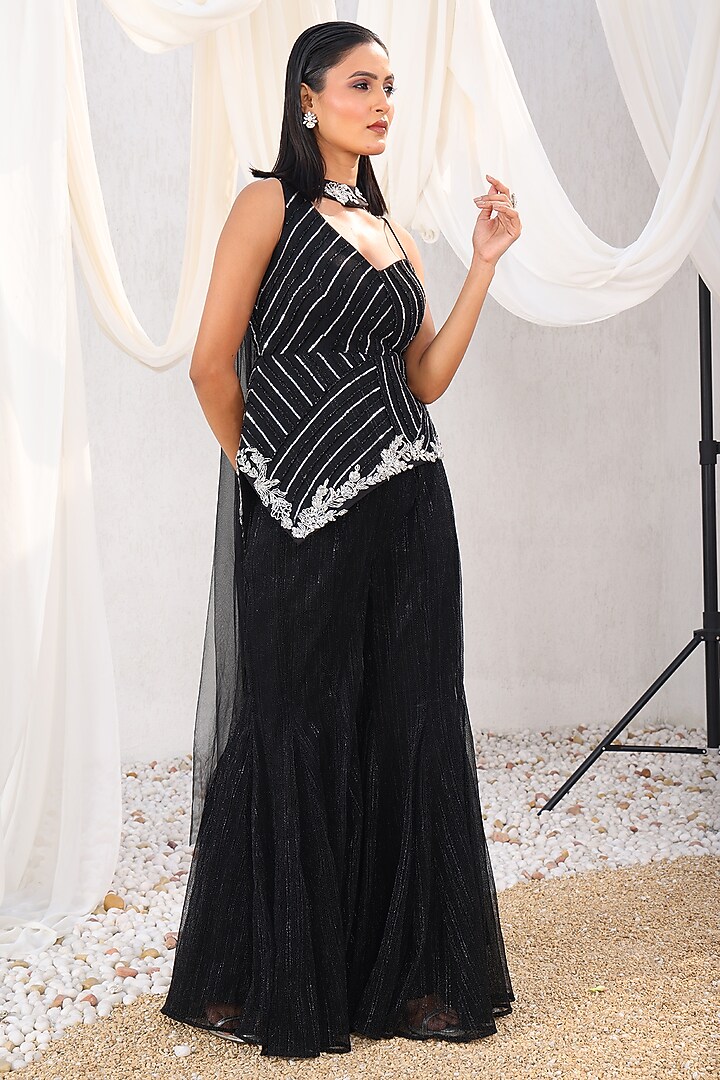 Black Lycra Chiffon Wedding Sharara Set by MeenaGurnam at Pernia's Pop Up Shop