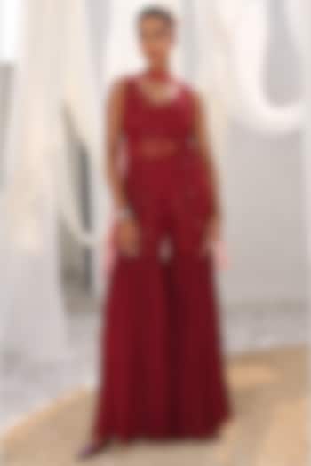 Maroon Georgette Wedding Sharara Set by MeenaGurnam at Pernia's Pop Up Shop