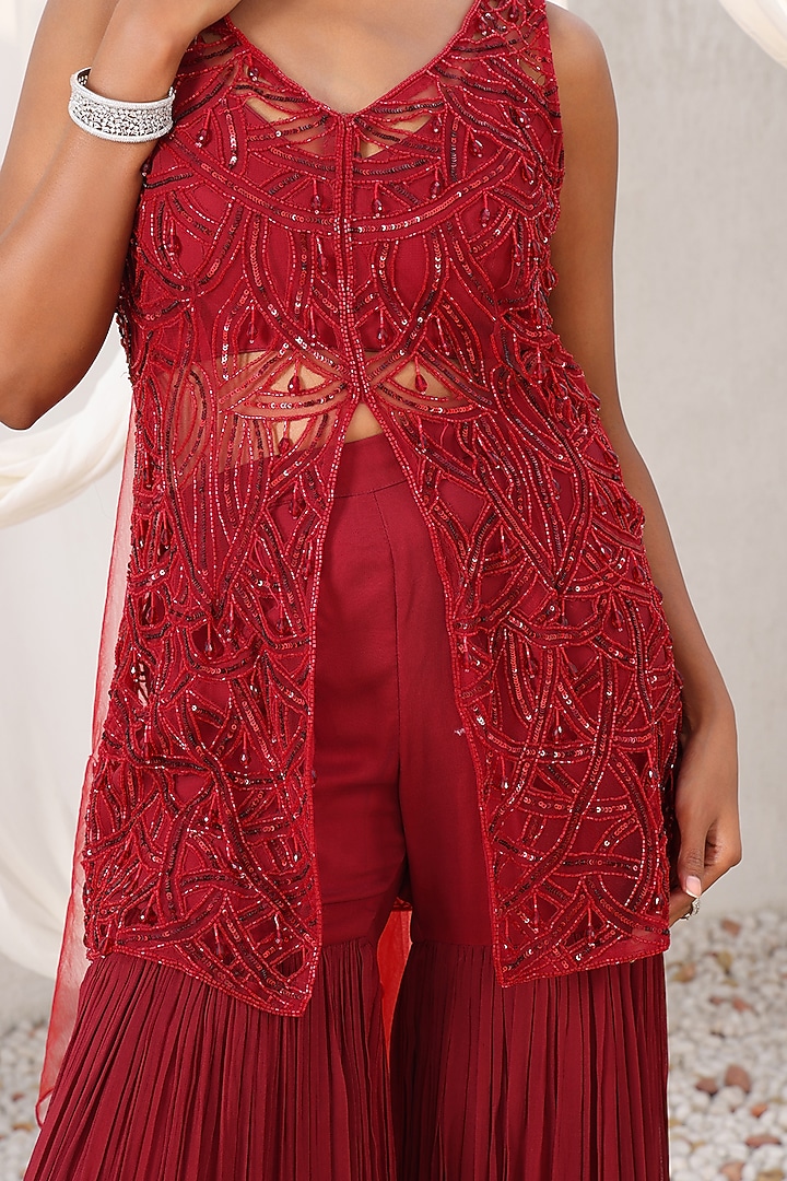 Maroon Georgette Wedding Sharara Set by MeenaGurnam at Pernia's Pop Up Shop