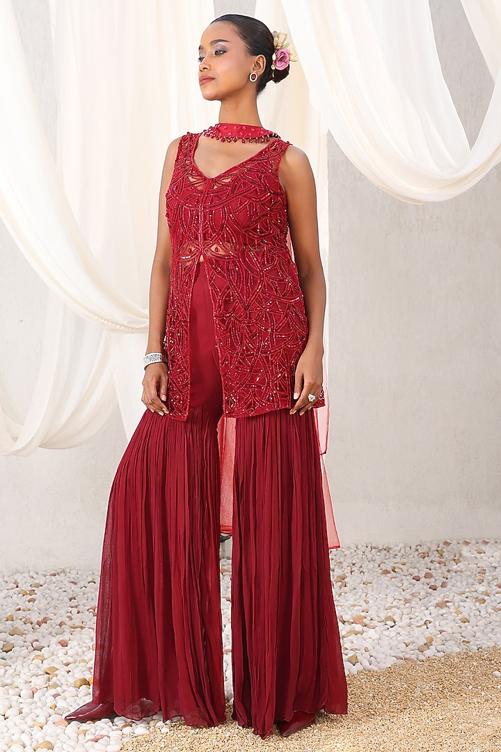 Maroon Georgette Wedding Sharara Set by MeenaGurnam at Pernia's Pop Up Shop