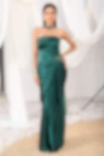 Green Satin Draped Skirt Set by MeenaGurnam at Pernia's Pop Up Shop