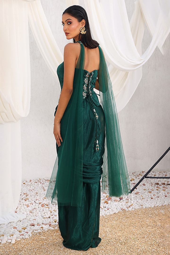 Green Satin Draped Skirt Set by MeenaGurnam at Pernia's Pop Up Shop