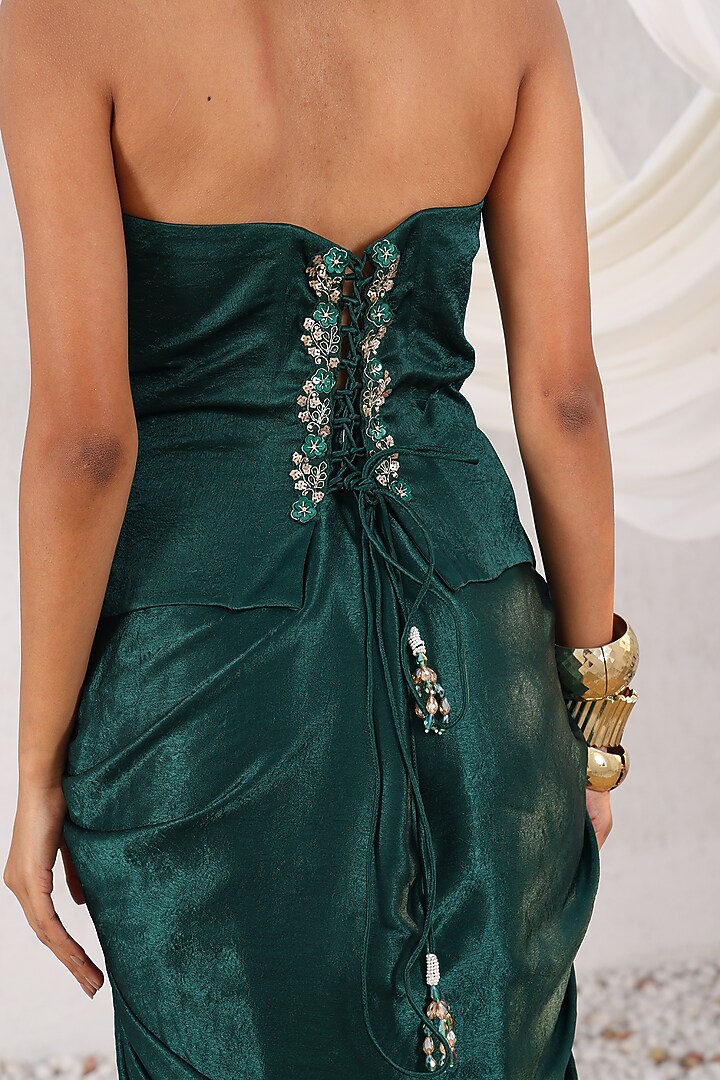 Green Satin Draped Skirt Set by MeenaGurnam at Pernia's Pop Up Shop