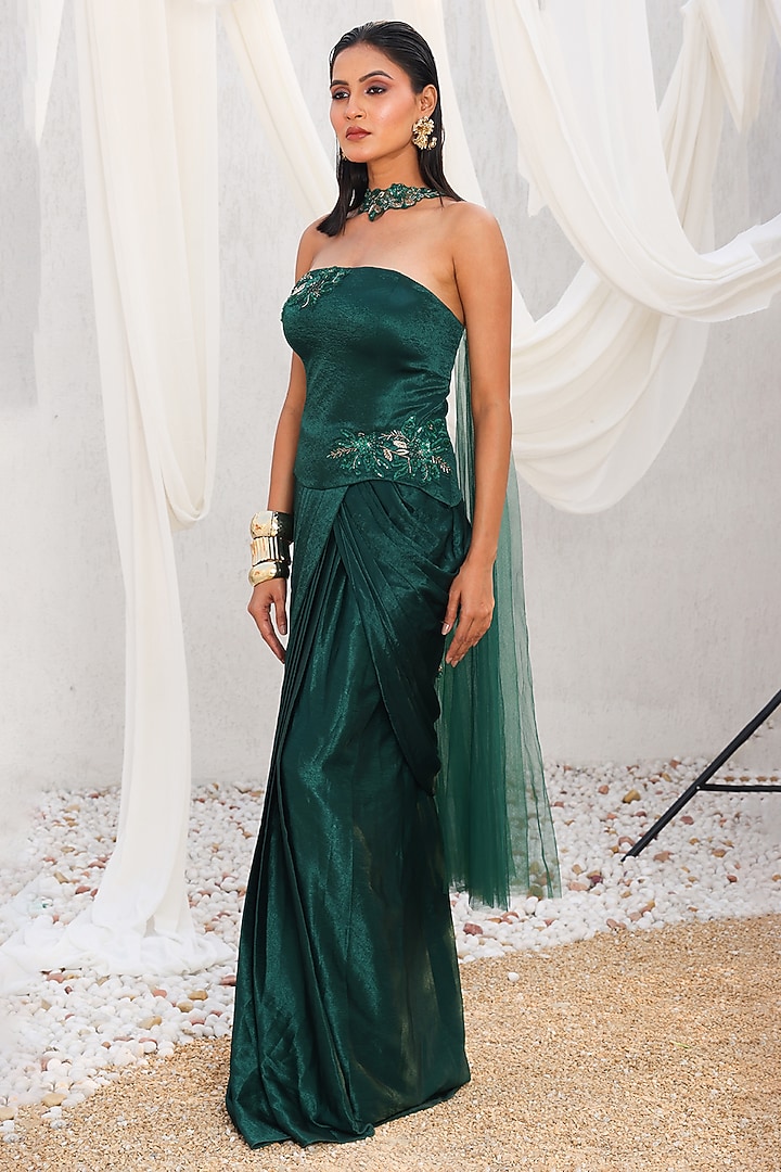Green Satin Draped Skirt Set by MeenaGurnam at Pernia's Pop Up Shop