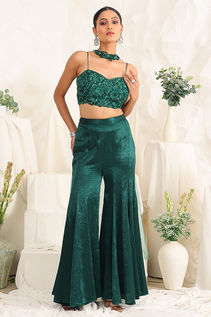 Green Silk Party Wear Sharara Set by MeenaGurnam at Pernia's Pop Up Shop