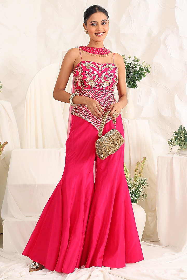 Magenta Silk Party Wear Sharara Set by MeenaGurnam at Pernia's Pop Up Shop