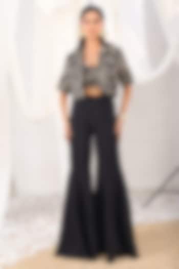 Black Armani Satin Hand Embellished Short Jacket Set by MeenaGurnam at Pernia's Pop Up Shop