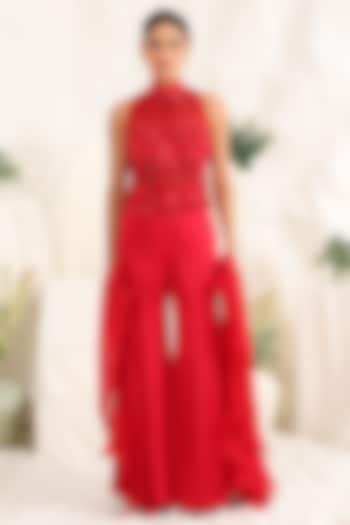 Red Silk Wedding Sharara Set by MeenaGurnam at Pernia's Pop Up Shop