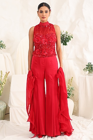 Red Silk Sharara Set by MeenaGurnam