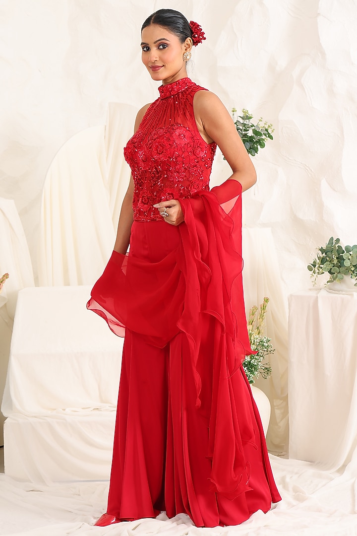 Red Silk Wedding Sharara Set by MeenaGurnam at Pernia's Pop Up Shop