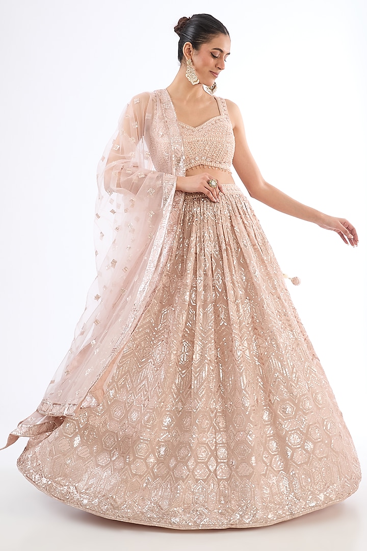 Rose Gold Georgette Sequins Bead Embroidered Lehenga Set by MeenaGurnam