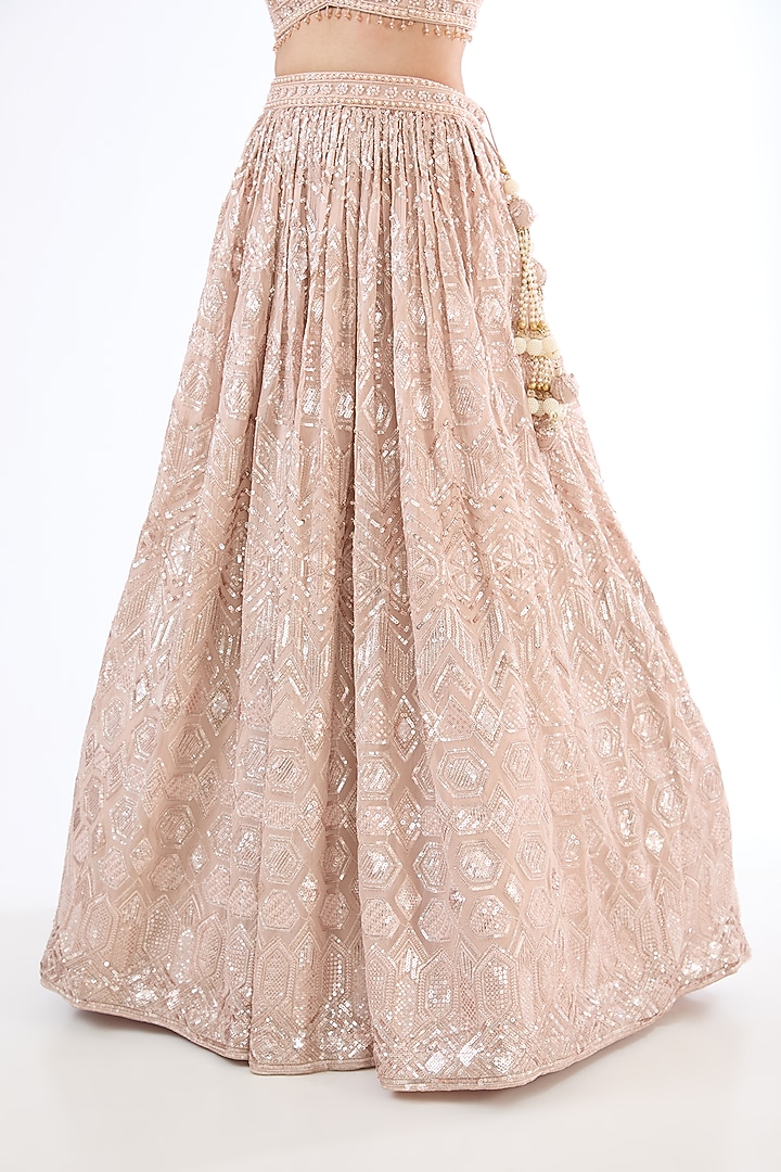 Rose Gold Georgette Sequins Bead Embroidered Wedding Lehenga Set by MeenaGurnam at Pernia's Pop Up Shop