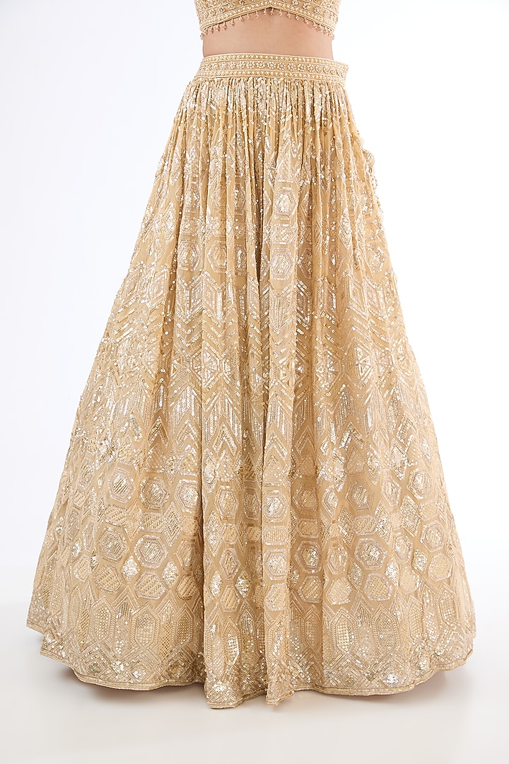 Golden Georgette Sequins Bead Embroidered Wedding Lehenga Set by MeenaGurnam at Pernia's Pop Up Shop