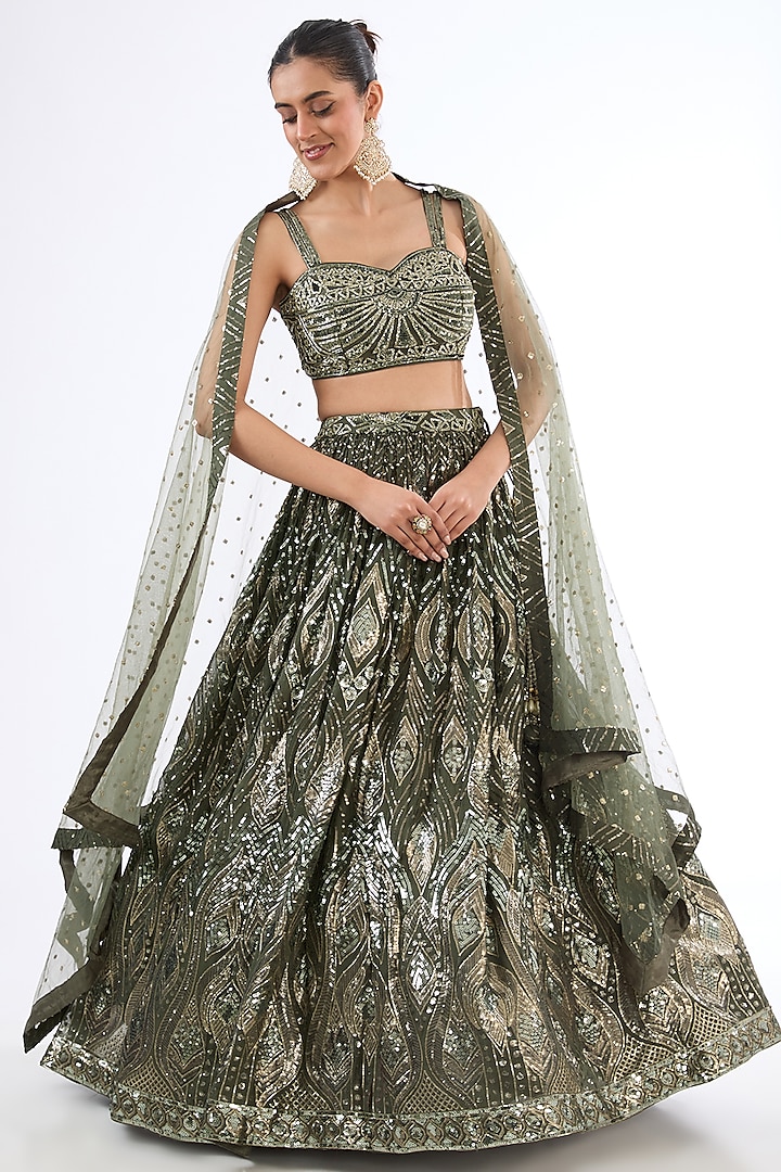 Green Georgette Sequins Embroidered Wedding Lehenga Set by MeenaGurnam at Pernia's Pop Up Shop