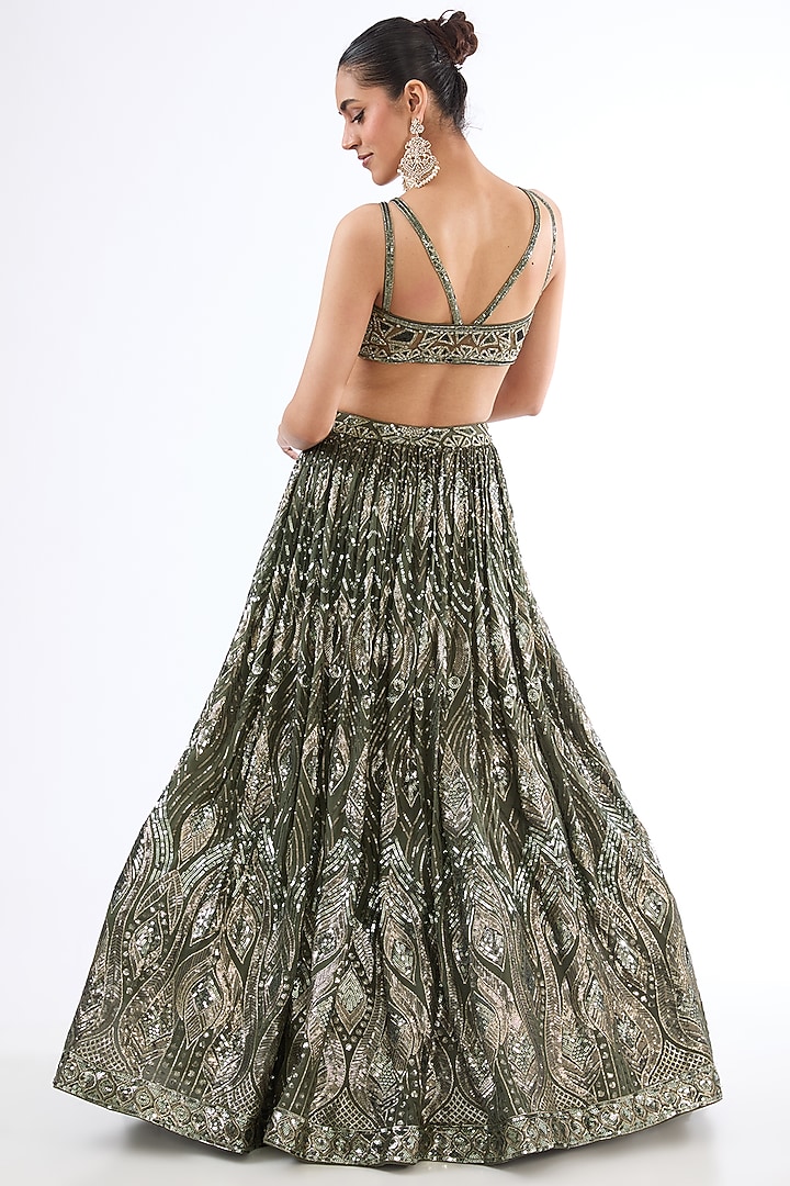 Green Georgette Sequins Embroidered Wedding Lehenga Set by MeenaGurnam at Pernia's Pop Up Shop