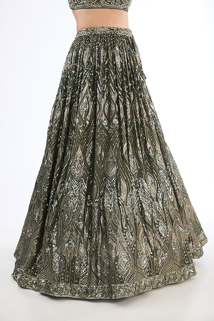 Green Georgette Sequins Embroidered Wedding Lehenga Set by MeenaGurnam at Pernia's Pop Up Shop