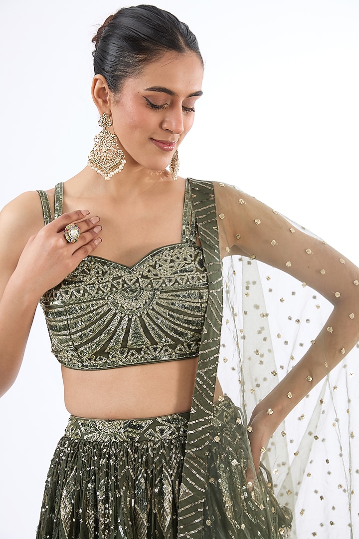 Green Georgette Sequins Embroidered Wedding Lehenga Set by MeenaGurnam at Pernia's Pop Up Shop