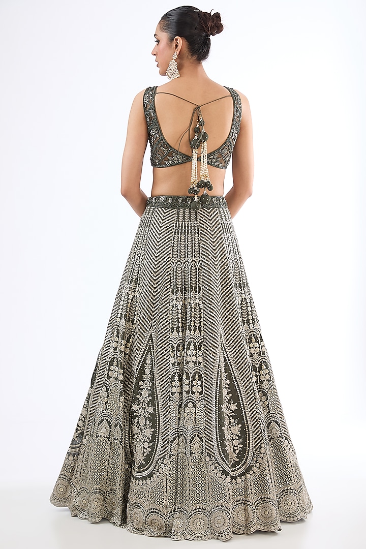 Mud Green Georgette Sequins Embroidered Wedding Lehenga Set by MeenaGurnam at Pernia's Pop Up Shop