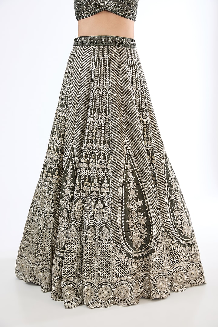 Mud Green Georgette Sequins Embroidered Wedding Lehenga Set by MeenaGurnam at Pernia's Pop Up Shop