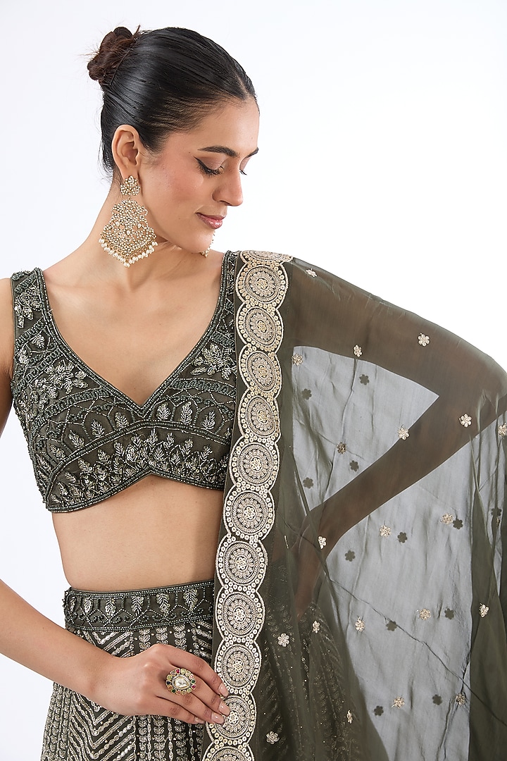 Mud Green Georgette Sequins Embroidered Wedding Lehenga Set by MeenaGurnam at Pernia's Pop Up Shop
