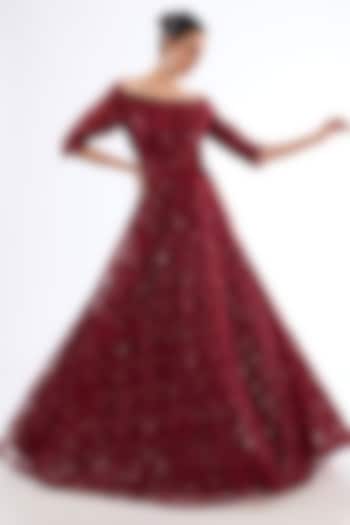 Maroon Net Sequins & Thread Work Off-Shoulder Gown by MeenaGurnam