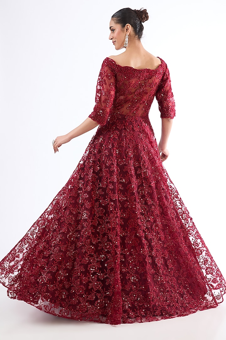 Maroon Net Sequins & Thread Work Off-Shoulder Party Wear Gown by MeenaGurnam at Pernia's Pop Up Shop