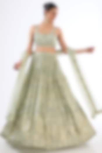 Pista Green Georgette Sequins Embroidered Wedding Lehenga Set by MeenaGurnam at Pernia's Pop Up Shop