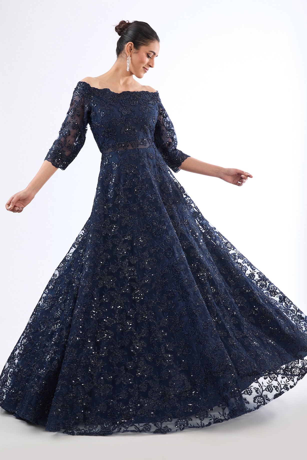 Navy Blue Net Sequins & Thread Work Off-Shoulder Gown by MeenaGurnam at  Pernia's Pop Up Shop 2026
