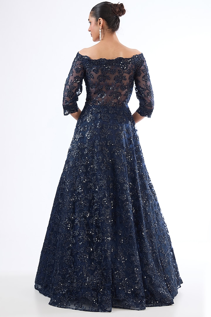Navy Blue Net Sequins & Thread Work Off-Shoulder Party Wear Gown by MeenaGurnam at Pernia's Pop Up Shop