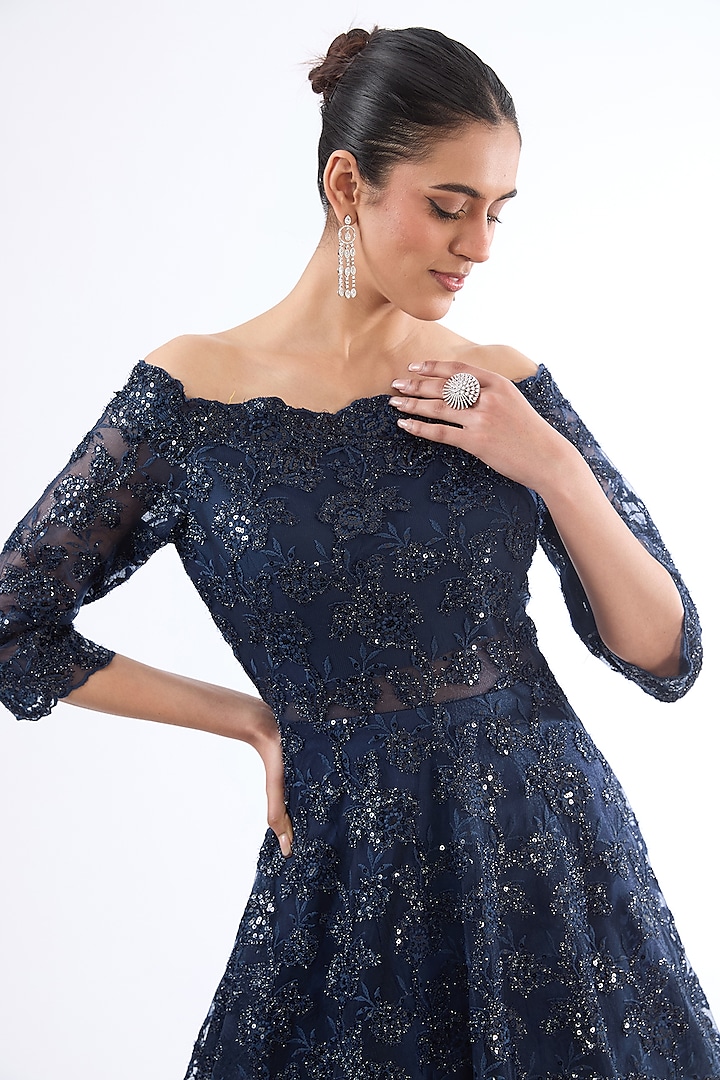 Navy Blue Net Sequins & Thread Work Off-Shoulder Party Wear Gown by MeenaGurnam at Pernia's Pop Up Shop