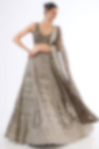 Brown Georgette Sequins Embroidered Wedding Lehenga Set by MeenaGurnam at Pernia's Pop Up Shop