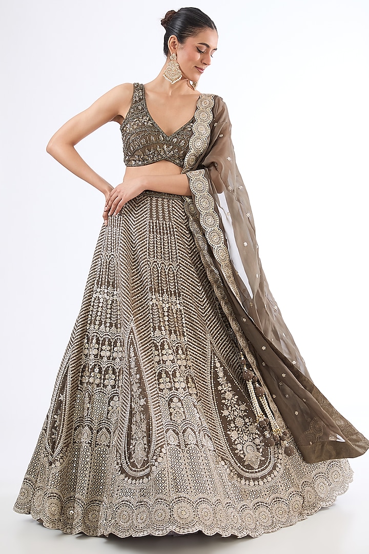 Brown Georgette Sequins Embroidered Wedding Lehenga Set by MeenaGurnam at Pernia's Pop Up Shop