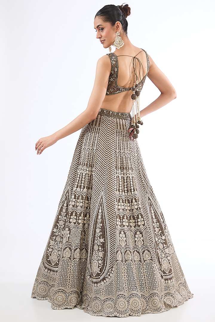 Brown Georgette Sequins Embroidered Wedding Lehenga Set by MeenaGurnam at Pernia's Pop Up Shop
