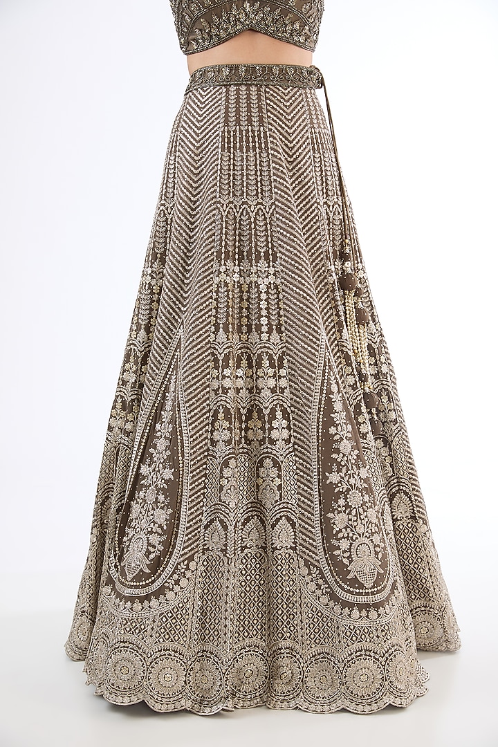 Brown Georgette Sequins Embroidered Wedding Lehenga Set by MeenaGurnam at Pernia's Pop Up Shop