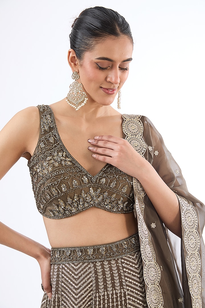 Brown Georgette Sequins Embroidered Wedding Lehenga Set by MeenaGurnam at Pernia's Pop Up Shop