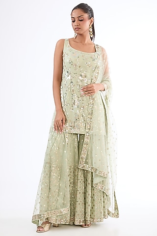 Pista Green Georgette Sequins Embroidered Sharara Set by MeenaGurnam