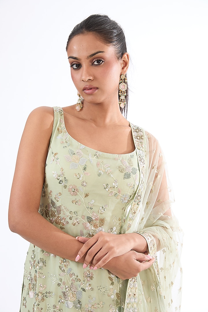 Pista Green Georgette Sequins Embroidered Party Wear Sharara Set by MeenaGurnam at Pernia's Pop Up Shop