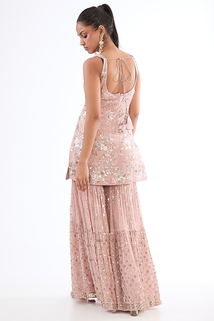 Peach Georgette Sequins Embroidered Party Wear Sharara Set by MeenaGurnam at Pernia's Pop Up Shop