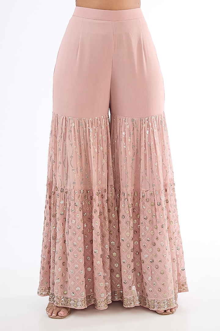 Peach Georgette Sequins Embroidered Party Wear Sharara Set by MeenaGurnam at Pernia's Pop Up Shop
