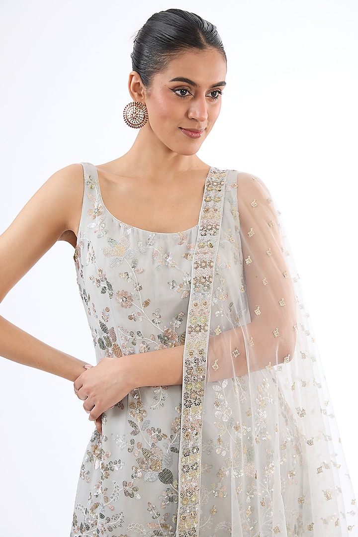 Grey Georgette Sequins Embroidered Party Wear Sharara Set by MeenaGurnam at Pernia's Pop Up Shop