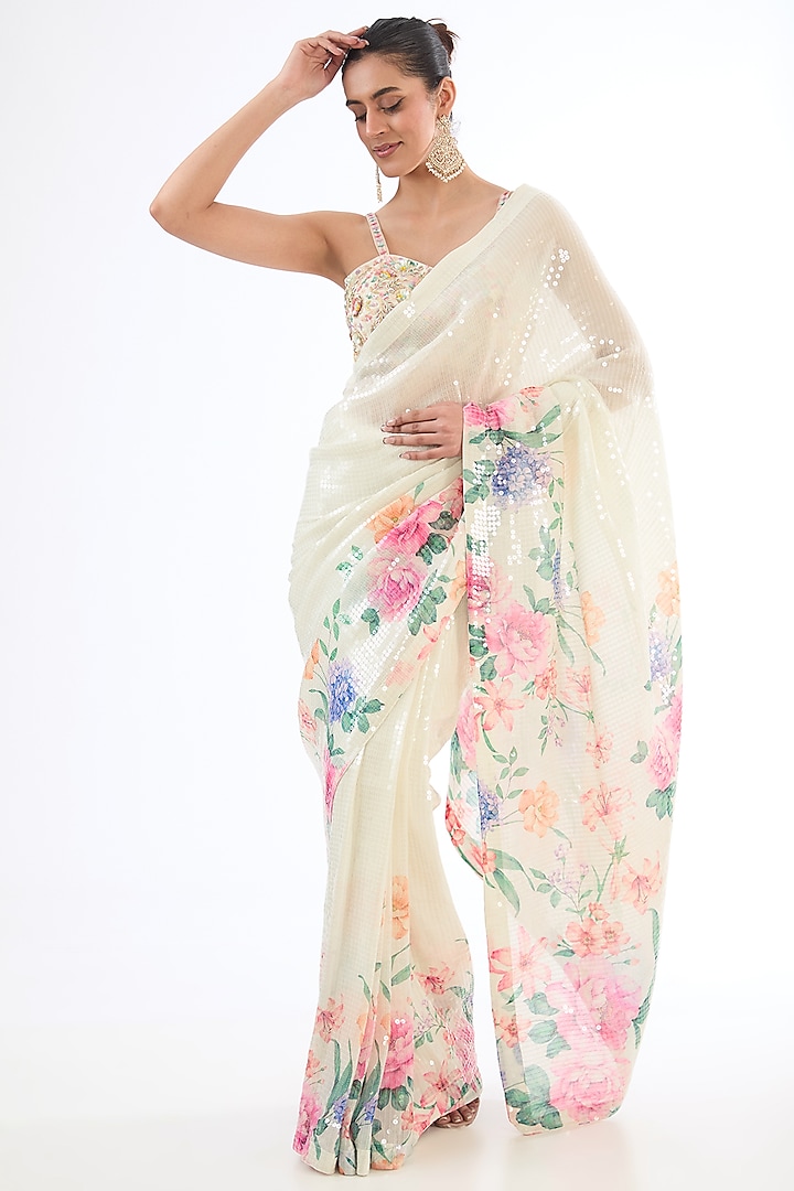 Ivory Georgette Sequins & Zari Embroidered Saree Set by MeenaGurnam