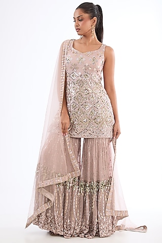 Dusty Mauve Georgette Sequins Embroidered Sharara Set by MeenaGurnam