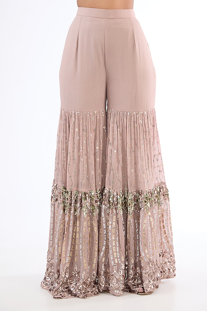 Dusty Mauve Georgette Sequins Embroidered Party Wear Sharara Set by MeenaGurnam at Pernia's Pop Up Shop