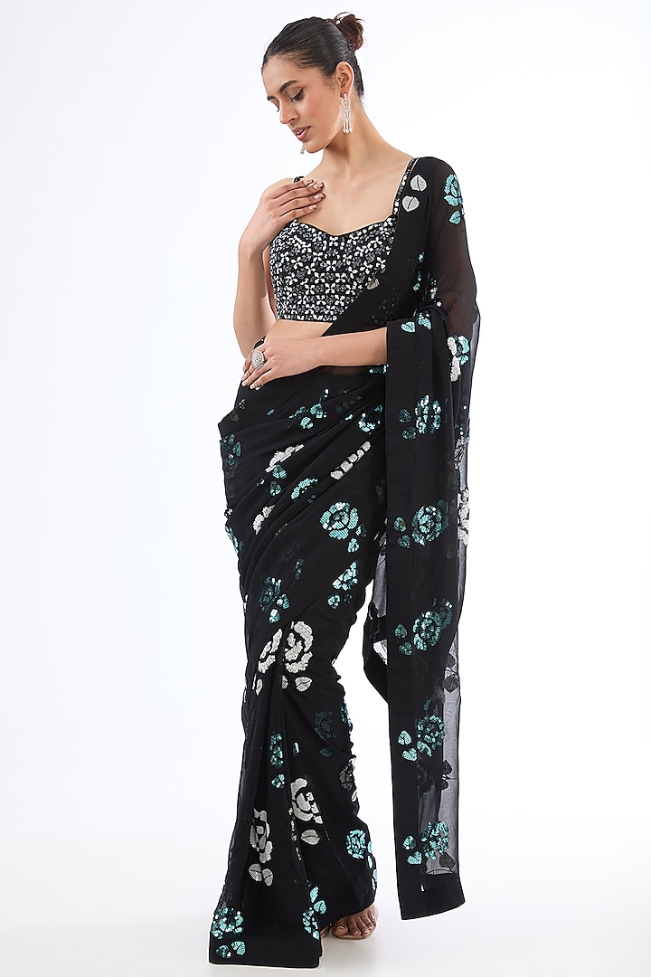 Black Georgette Sequins Floral Embroidered Saree Set by MeenaGurnam