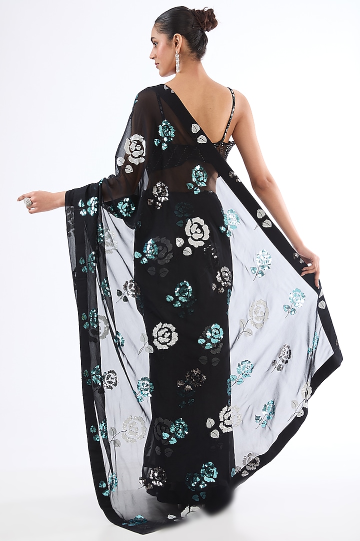 Black Georgette Sequins Floral Embroidered Wedding Saree Set by MeenaGurnam at Pernia's Pop Up Shop