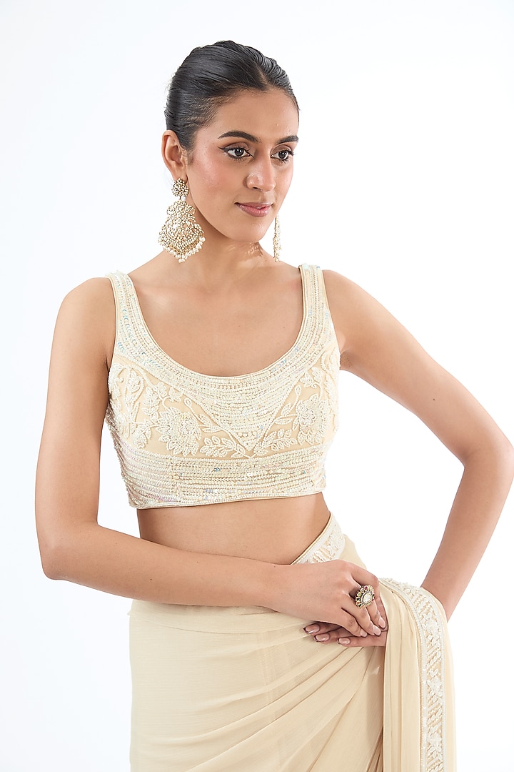 Ivory Georgette Sequins & Bead Embroidered Wedding Saree Set by MeenaGurnam at Pernia's Pop Up Shop