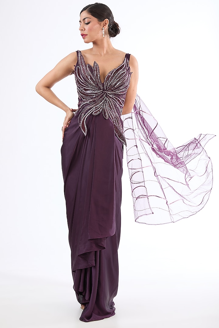 Wine Net & Armani Satin Sequins Embroidered Draped Gown by MeenaGurnam