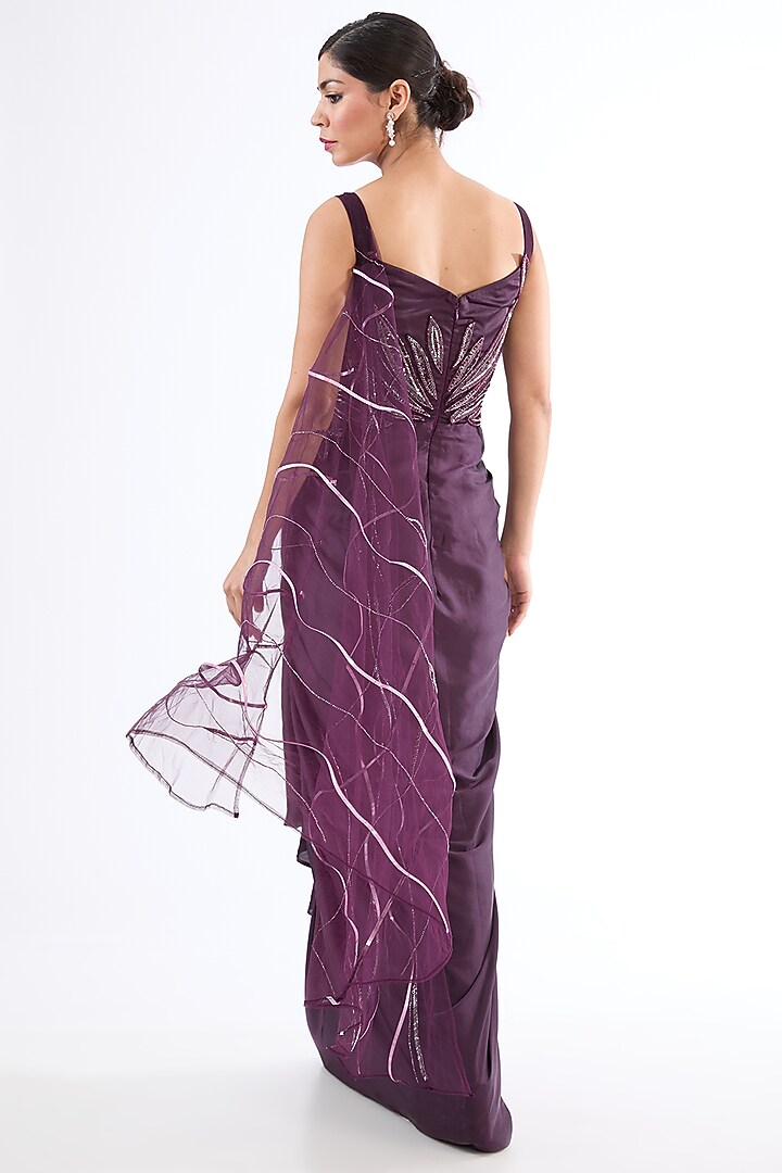Wine Net & Armani Satin Sequins Embroidered Draped Engagement Gown by MeenaGurnam at Pernia's Pop Up Shop
