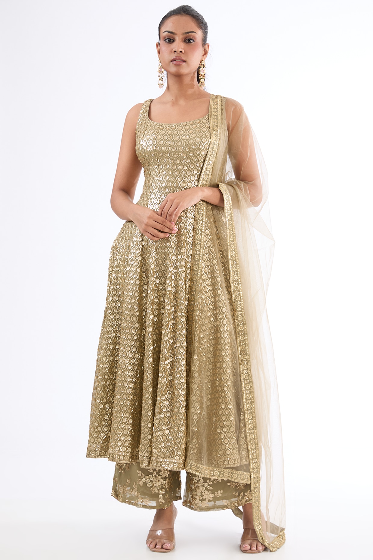 Gold Bridal Organza Silk Anarkali Gown With Stone Work SFSA257104 –  ShreeFashionWear